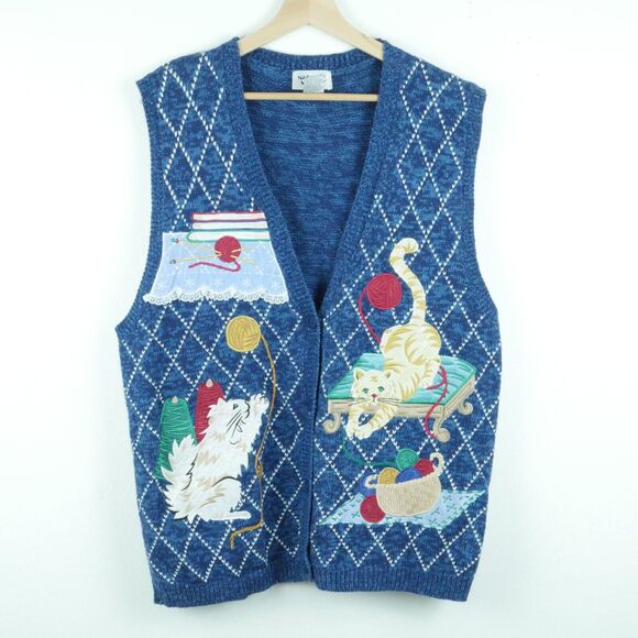 Vintage Jackets & Blazers - Vintage Large Sweater Vest Cat Applique Embroidered Grannycore 90s Cat Lady
